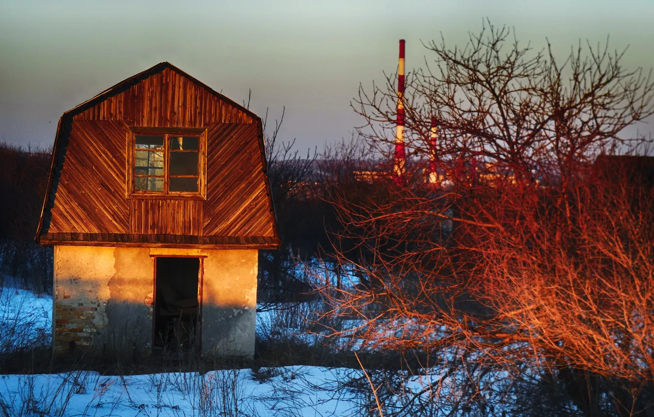 Photo wallpaper winter, the sun, snow, sunset, house, 2014