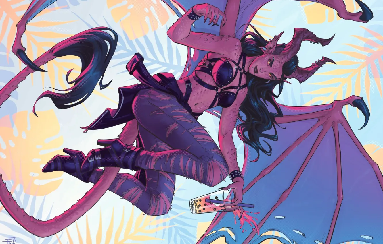 Photo wallpaper look, glass, pose, wings, fantasy, art, demoness