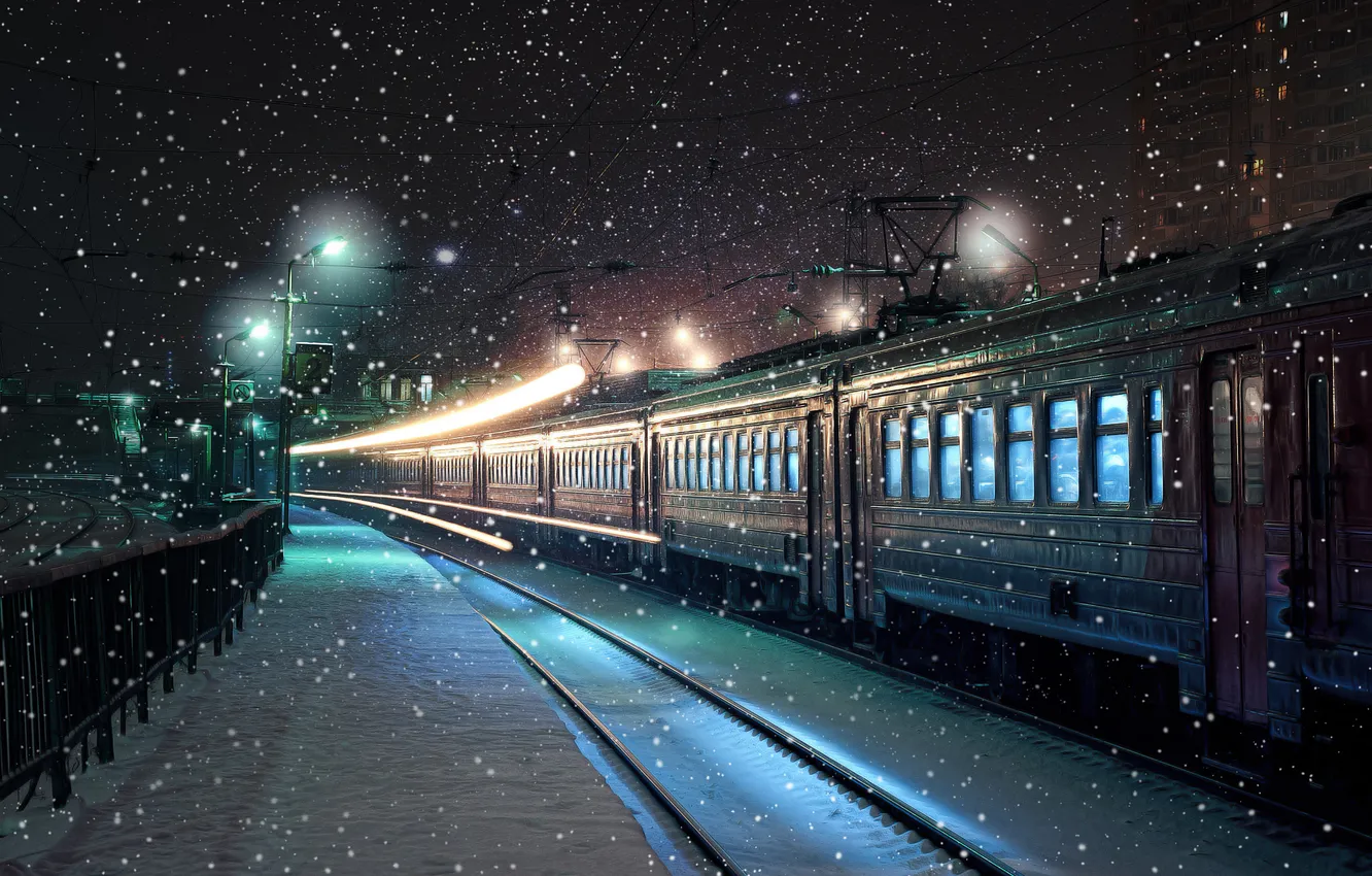 Photo wallpaper winter, snow, night, the city, lights, train, cars, snowfall