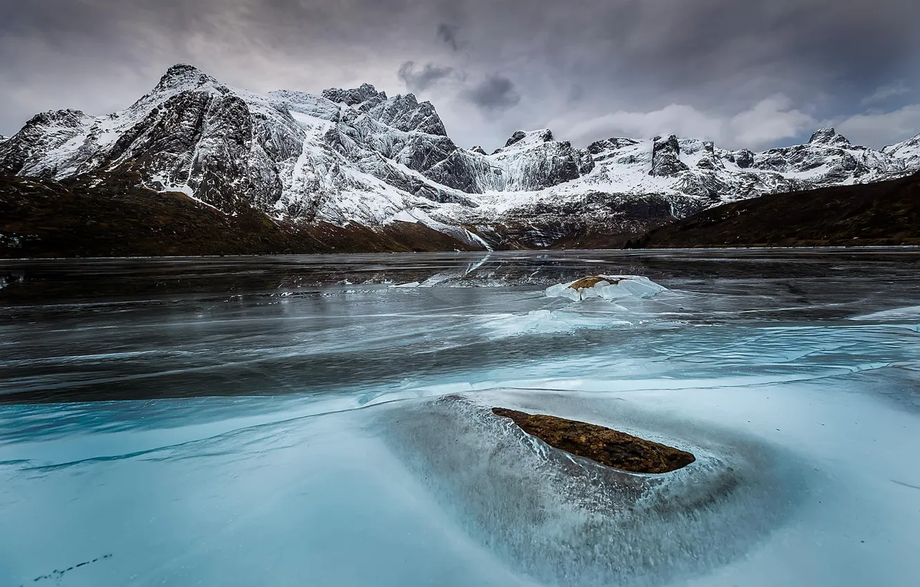 Photo wallpaper ice, winter, snow, mountains, lake