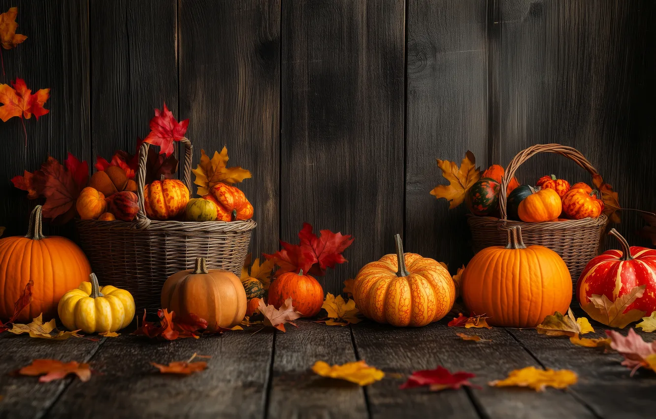 Photo wallpaper autumn, the dark background, foliage, Board, harvest, pumpkin, basket, composition