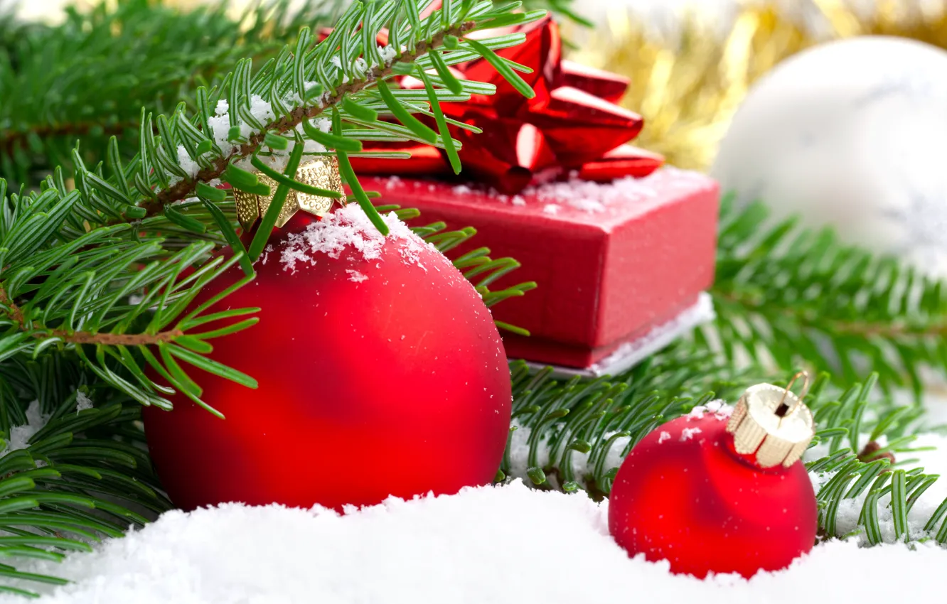 Photo wallpaper balls, snow, branches, red, holiday, gift, balls, toy