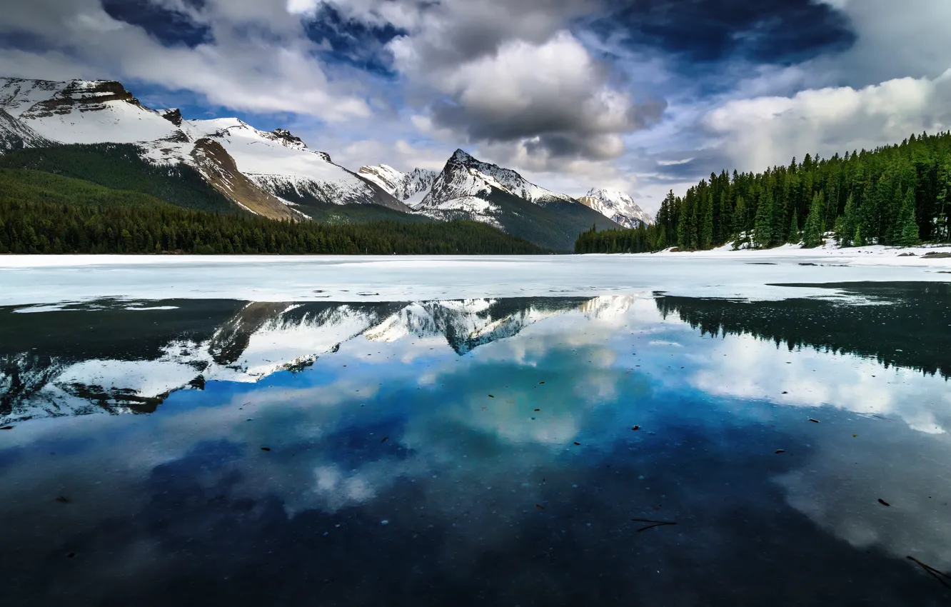 Photo wallpaper winter, snow, mountains, nature, lake, Alberta, Canada, Maligne Lake near Jasper