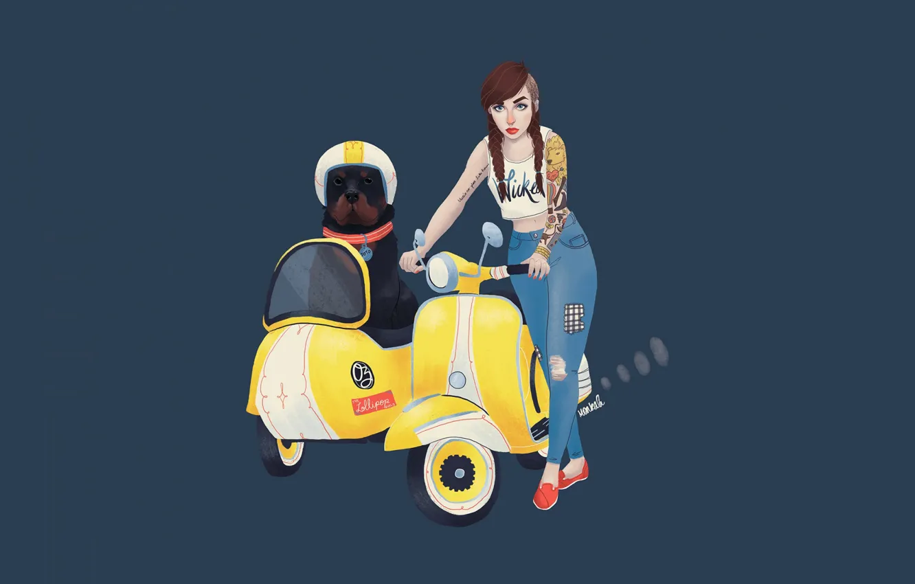 Photo wallpaper girl, dog, vector, motorcycle