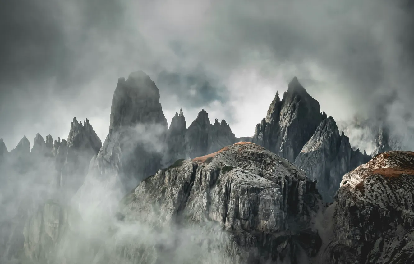 Photo wallpaper sky, landscape, Italy, nature, mountains, clouds, rocks, mist