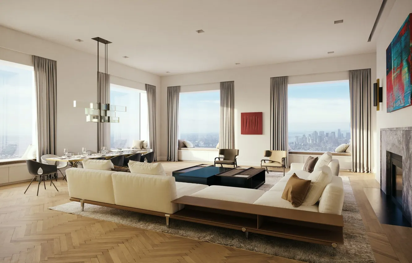 Wallpaper design, style, interior, skyscrapers, fireplace, megapolis ...