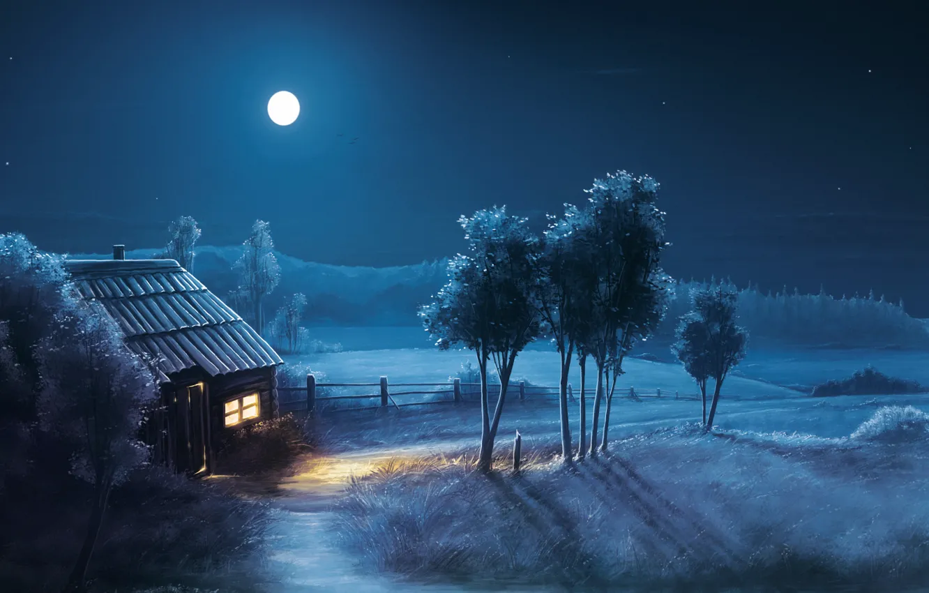 Photo wallpaper field, night, house, tree, the moon