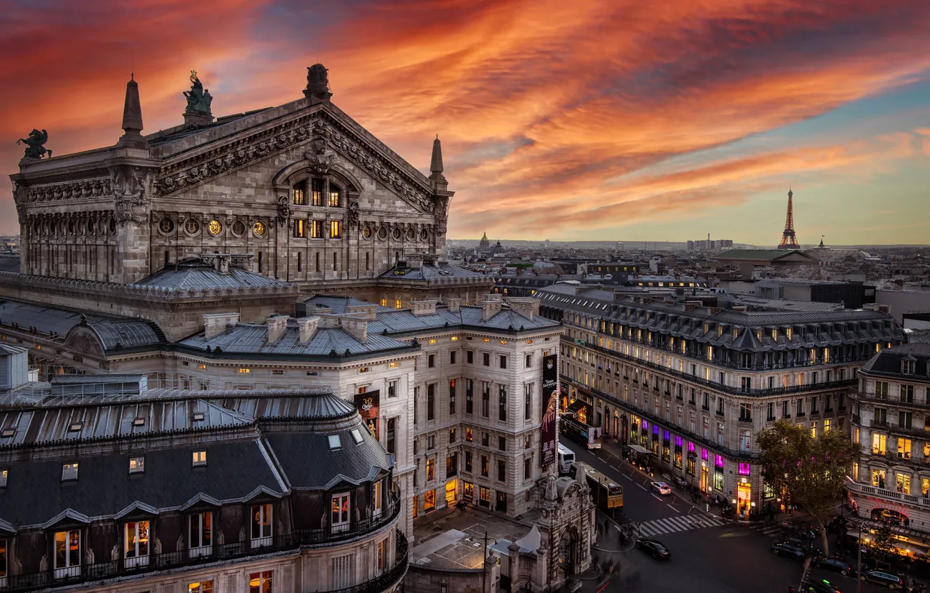 Photo wallpaper road, roof, the sky, clouds, sunset, the city, lights, street