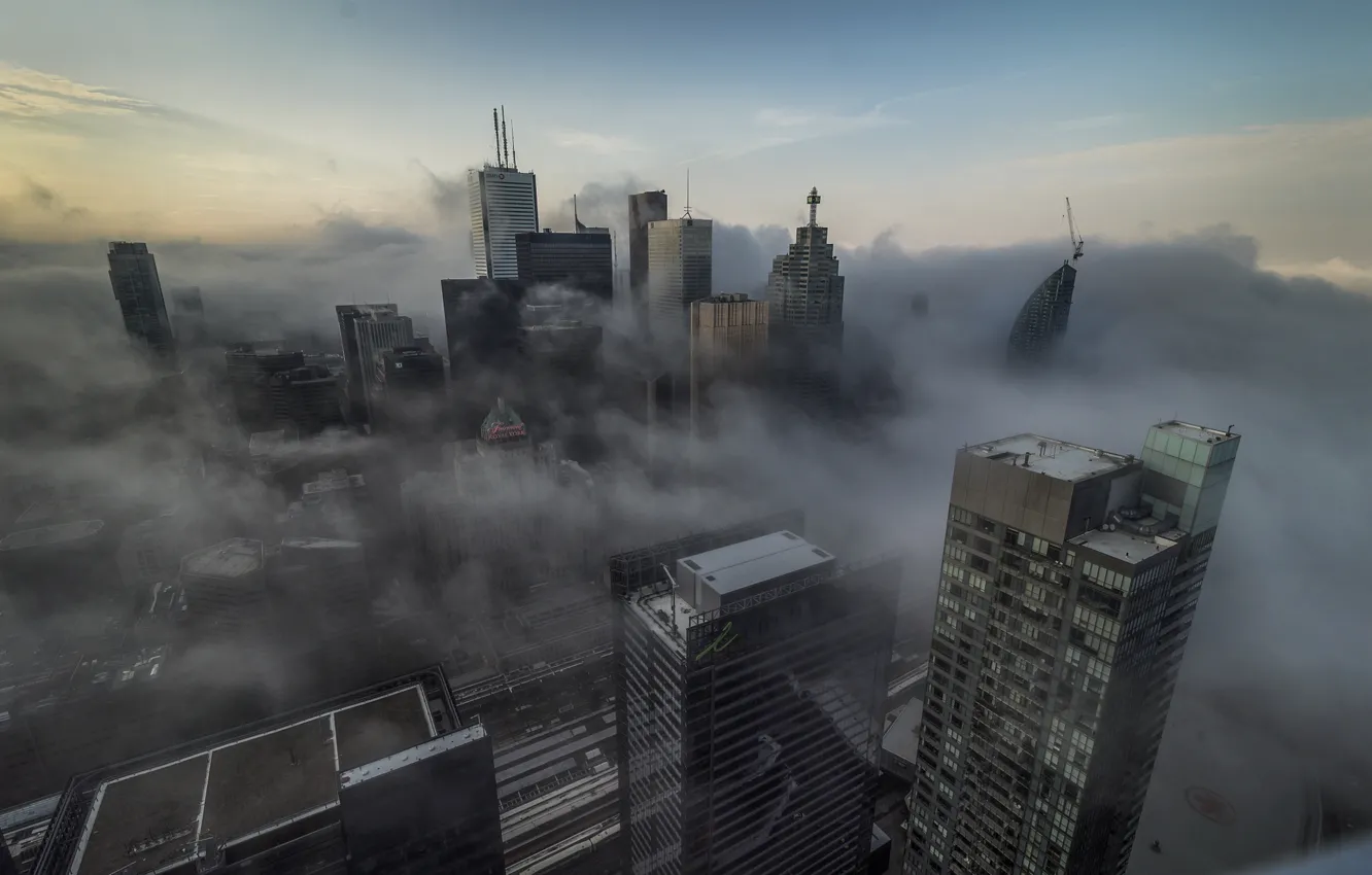 Photo wallpaper fog, skyscrapers, Canada, Toronto, architecture