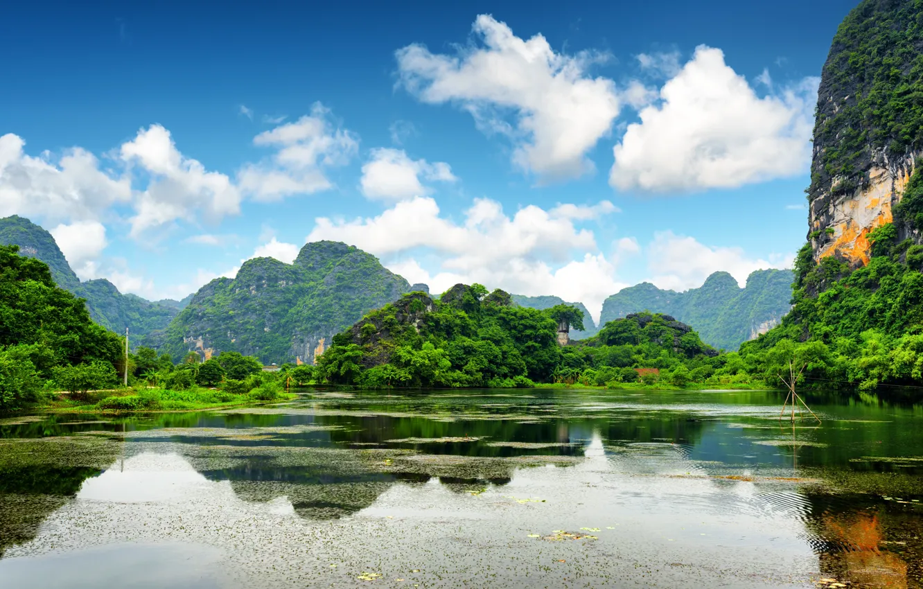 Photo wallpaper greens, forest, the sky, clouds, mountains, river, rocks, Vietnam