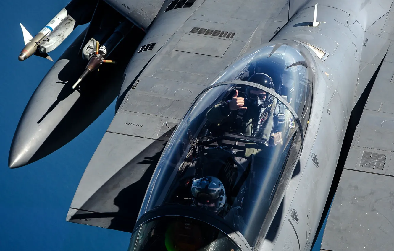 Photo wallpaper Lantern, F-15, USAF, Fighter-bomber, Pilot, F-15E Strike Eagle, Gesture, AIM-9 Sidewinder