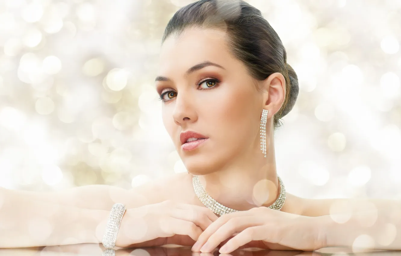 Photo wallpaper look, girl, earrings, necklace, hairstyle, brown hair