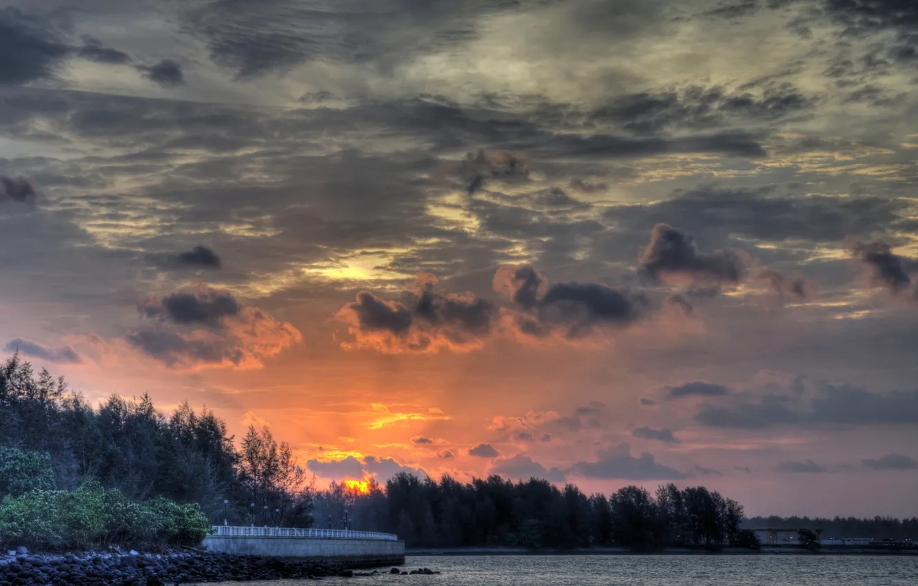 Photo wallpaper the sky, sunset, river, grey