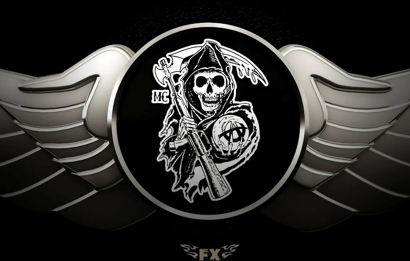 Photo wallpaper death, weapons, logo, braid, the series, Sons of Anarchy