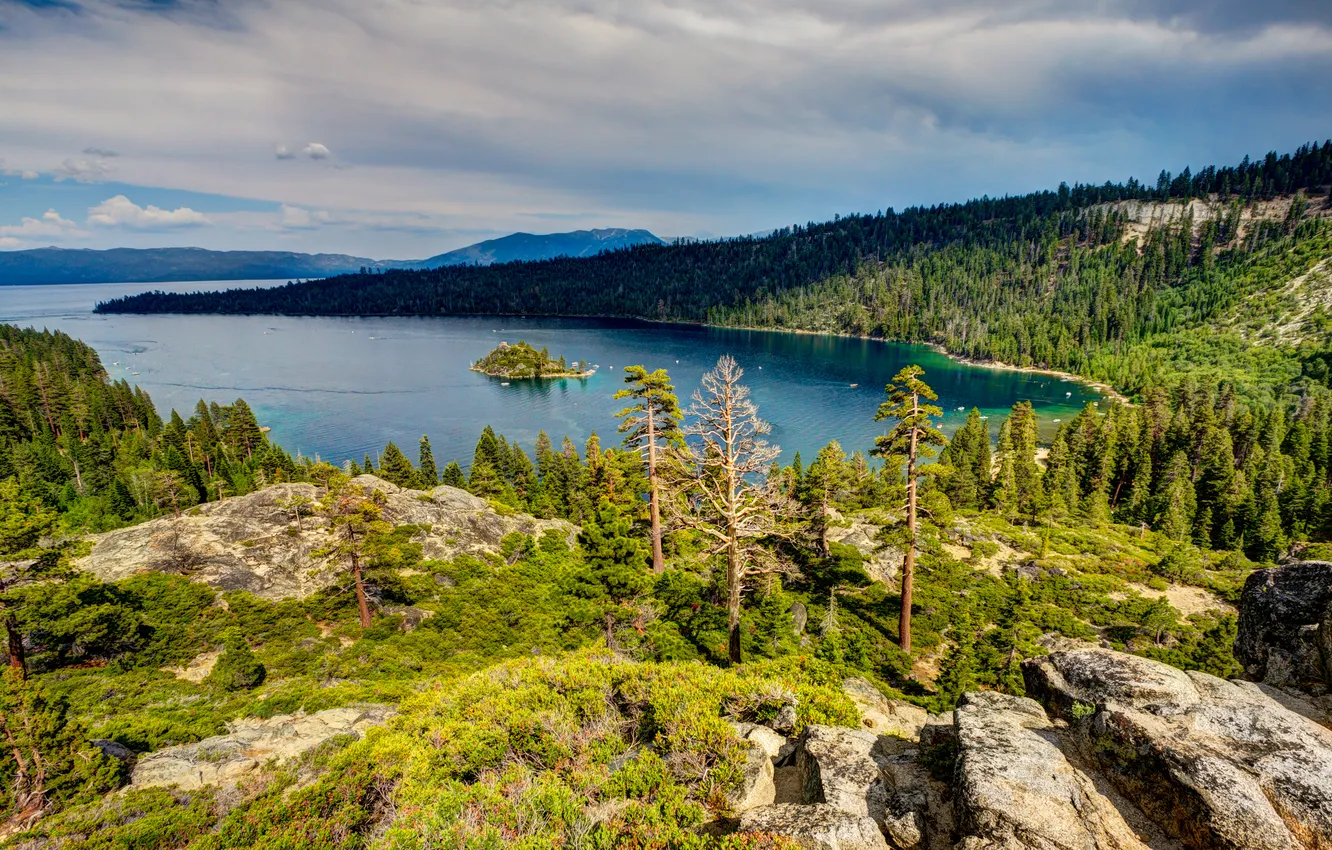 Photo wallpaper forest, trees, mountains, lake, stones, boats, CA, USA