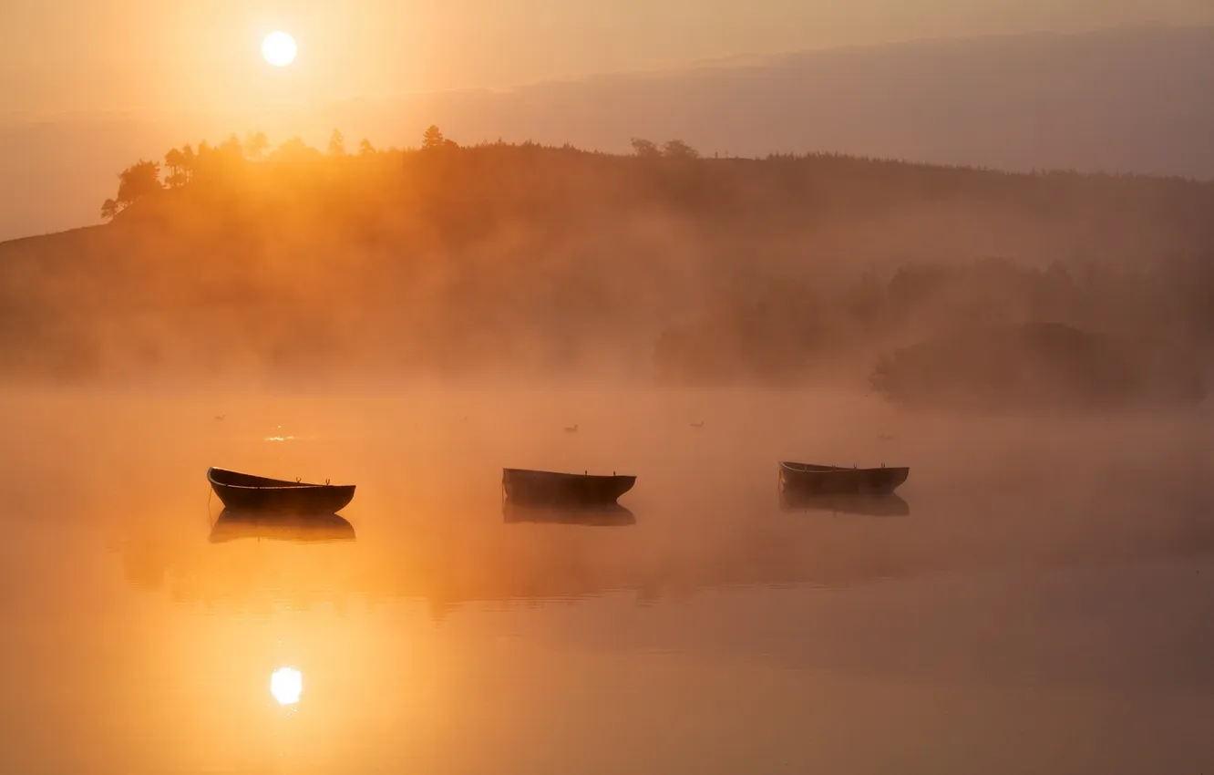Photo wallpaper landscape, fog, lake, boat, morning