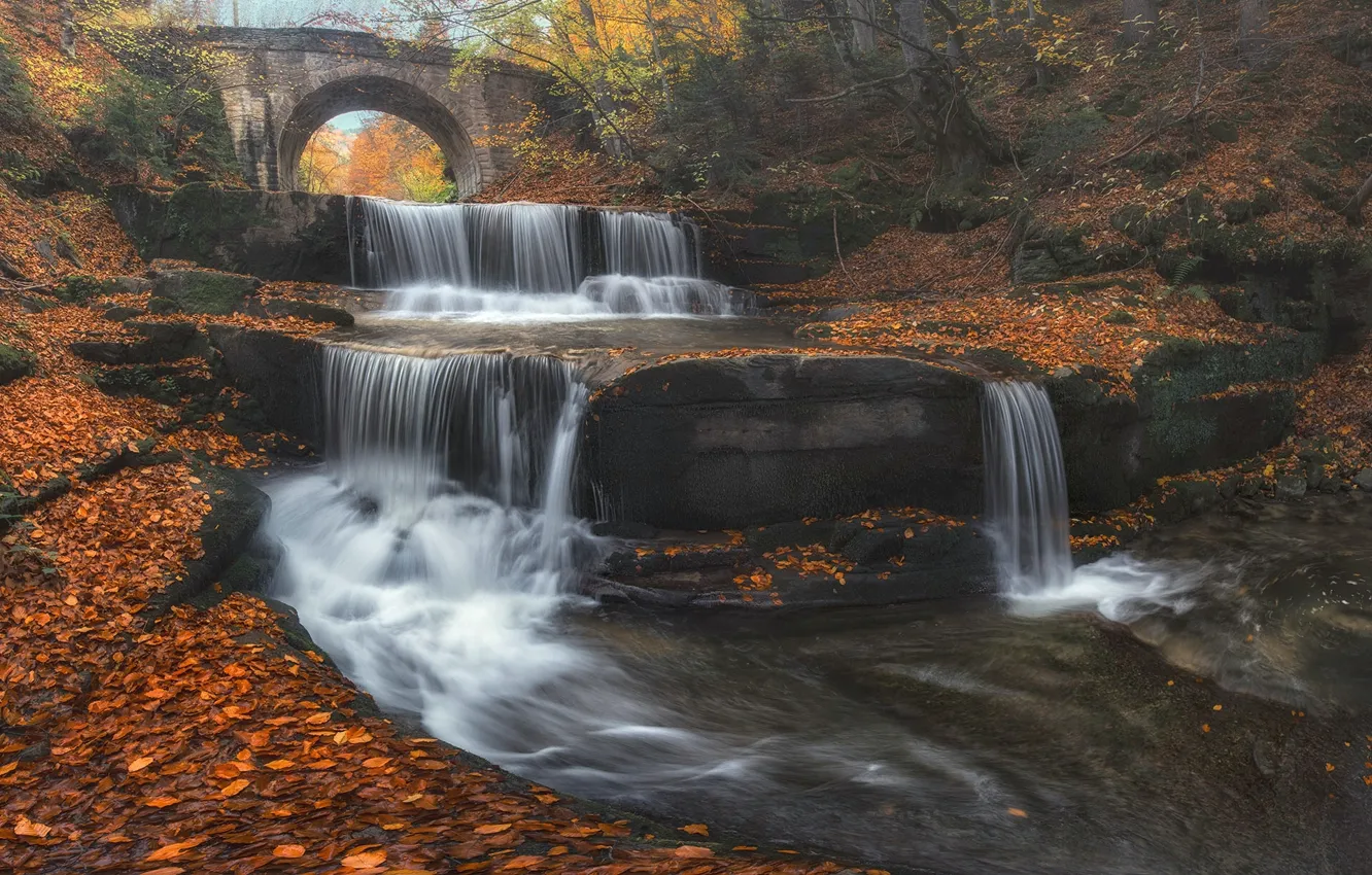 Photo wallpaper autumn, leaves, bridge, river, waterfall, cascade, Bulgaria, Bulgaria