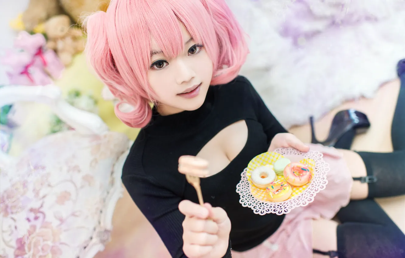 Photo wallpaper girl, face, background, food, cookies, neckline, image, Asian