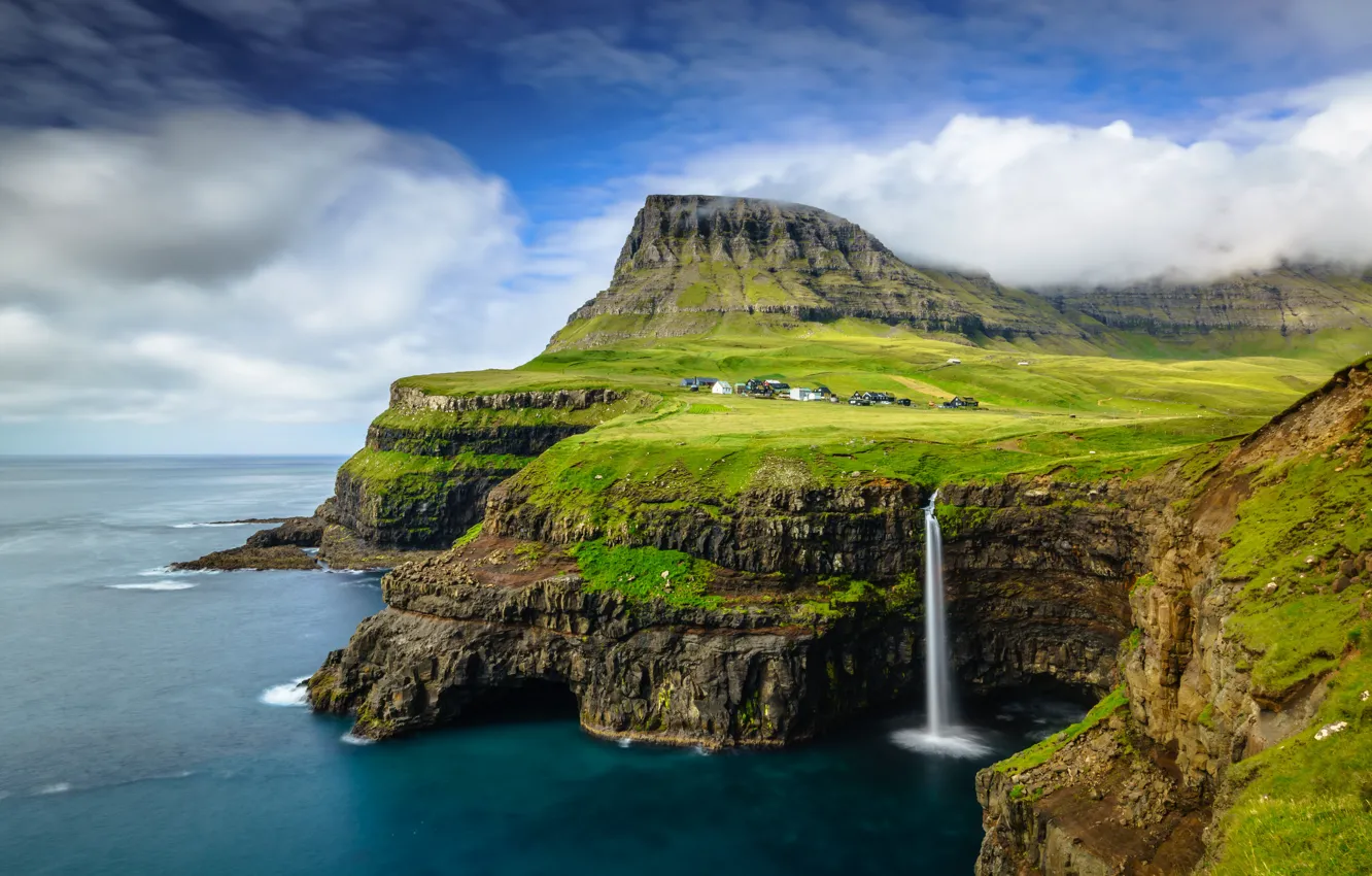Photo wallpaper sea, the sky, clouds, mountains, rocks, shore, waterfall, house