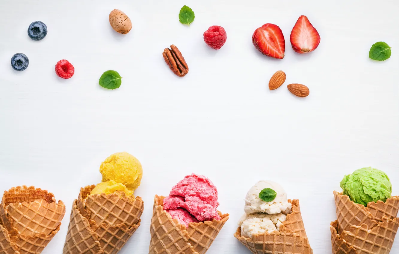 Photo wallpaper berries, colorful, ice cream, fruit, horn, fruit, berries, ice cream