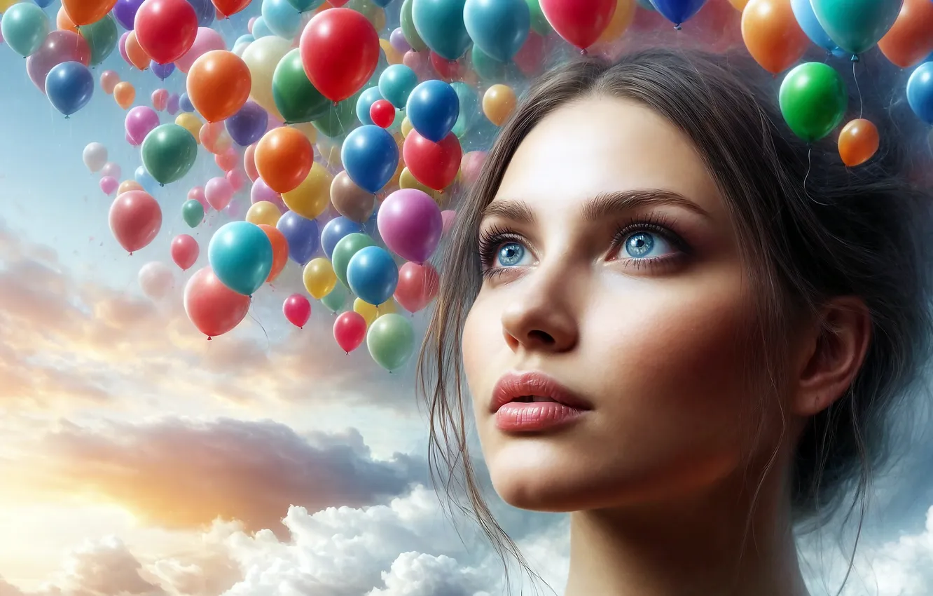 Photo wallpaper the sky, look, girl, clouds, face, balloons, portrait, a lot