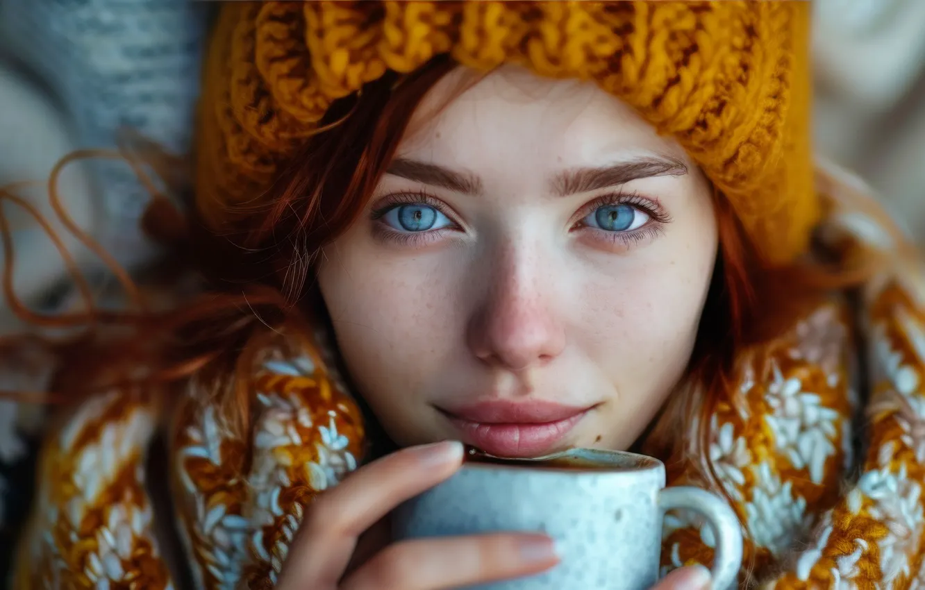 Photo wallpaper winter, autumn, girl, heat, tea, hat, scarf, mug