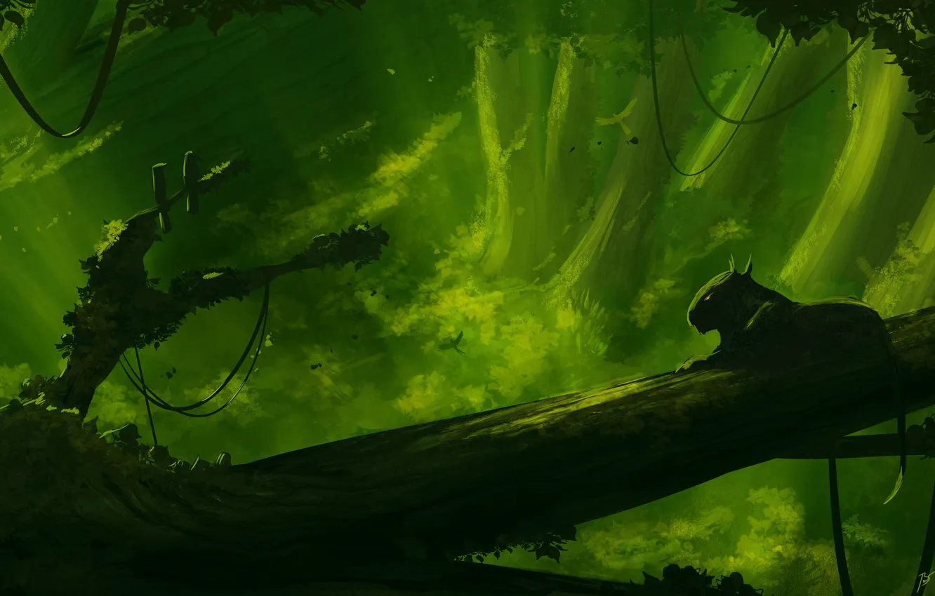 Photo wallpaper greens, forest, cat, nature, green, fiction, green, predator