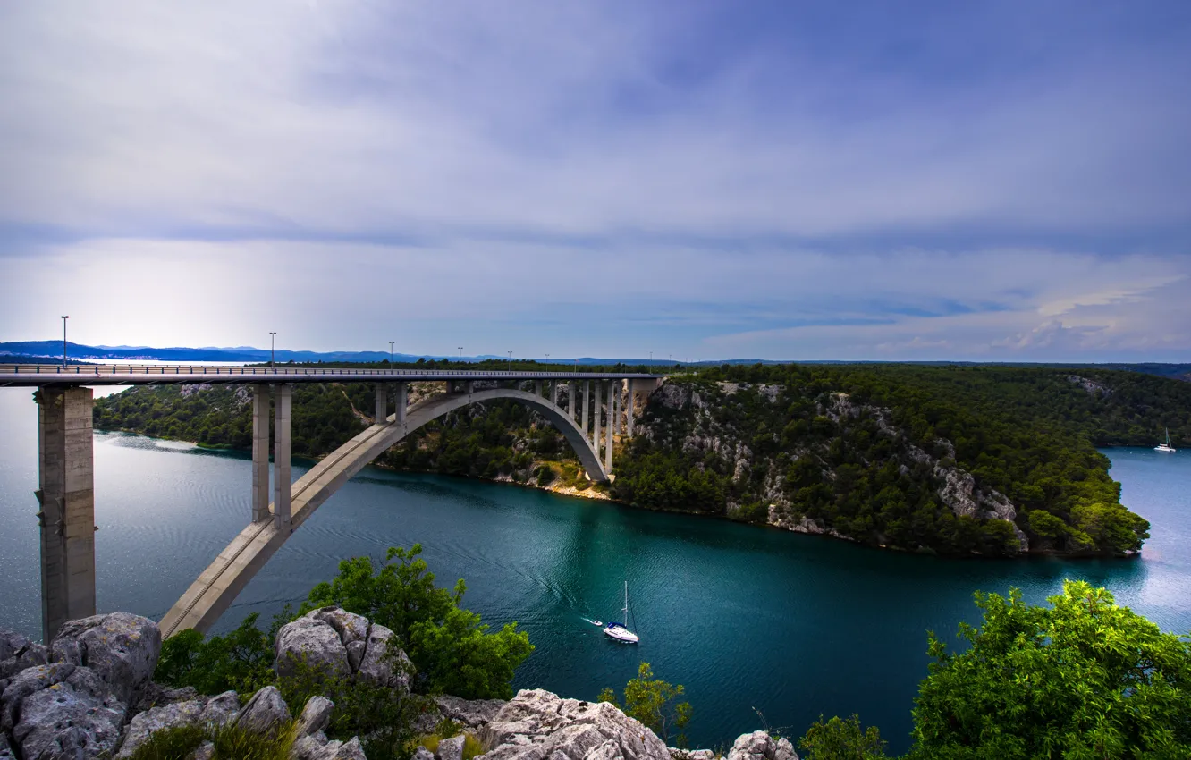 Photo wallpaper bridge, river, yacht, Croatia, Croatia, the river Krka, Krka River