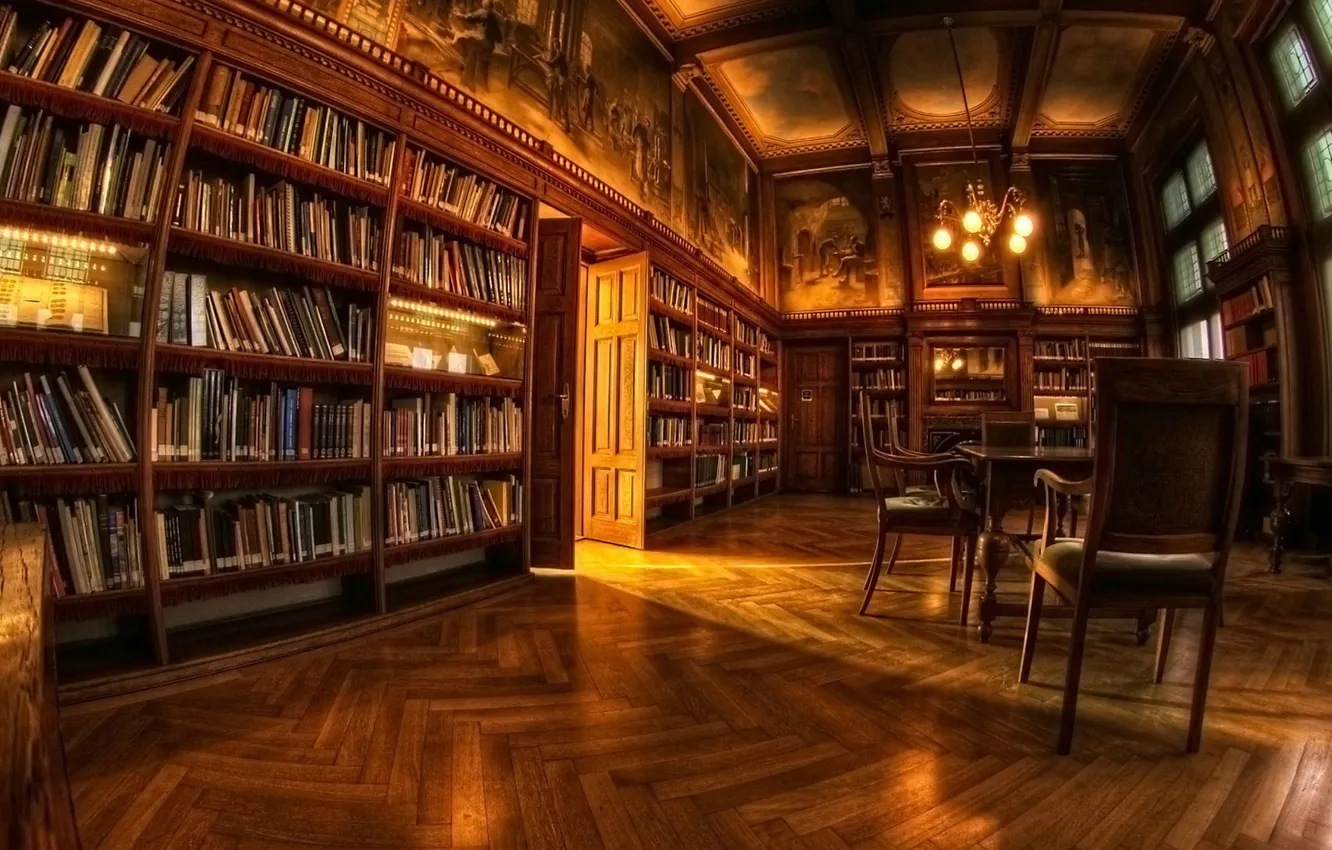Photo wallpaper lights, chair, books, library, shelves, fisheye lens
