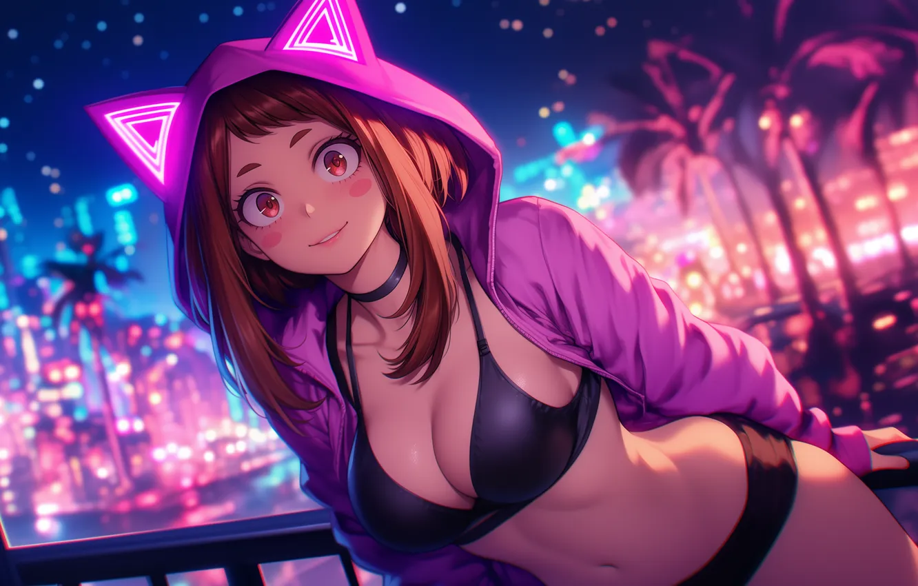 Photo wallpaper swimsuit, night, palm trees, neon, anime, art, wallpaper, jacket