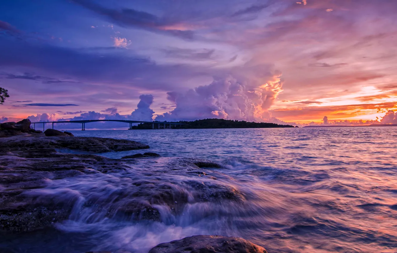 Photo wallpaper sea, the sky, clouds, sunset, bridge, stones