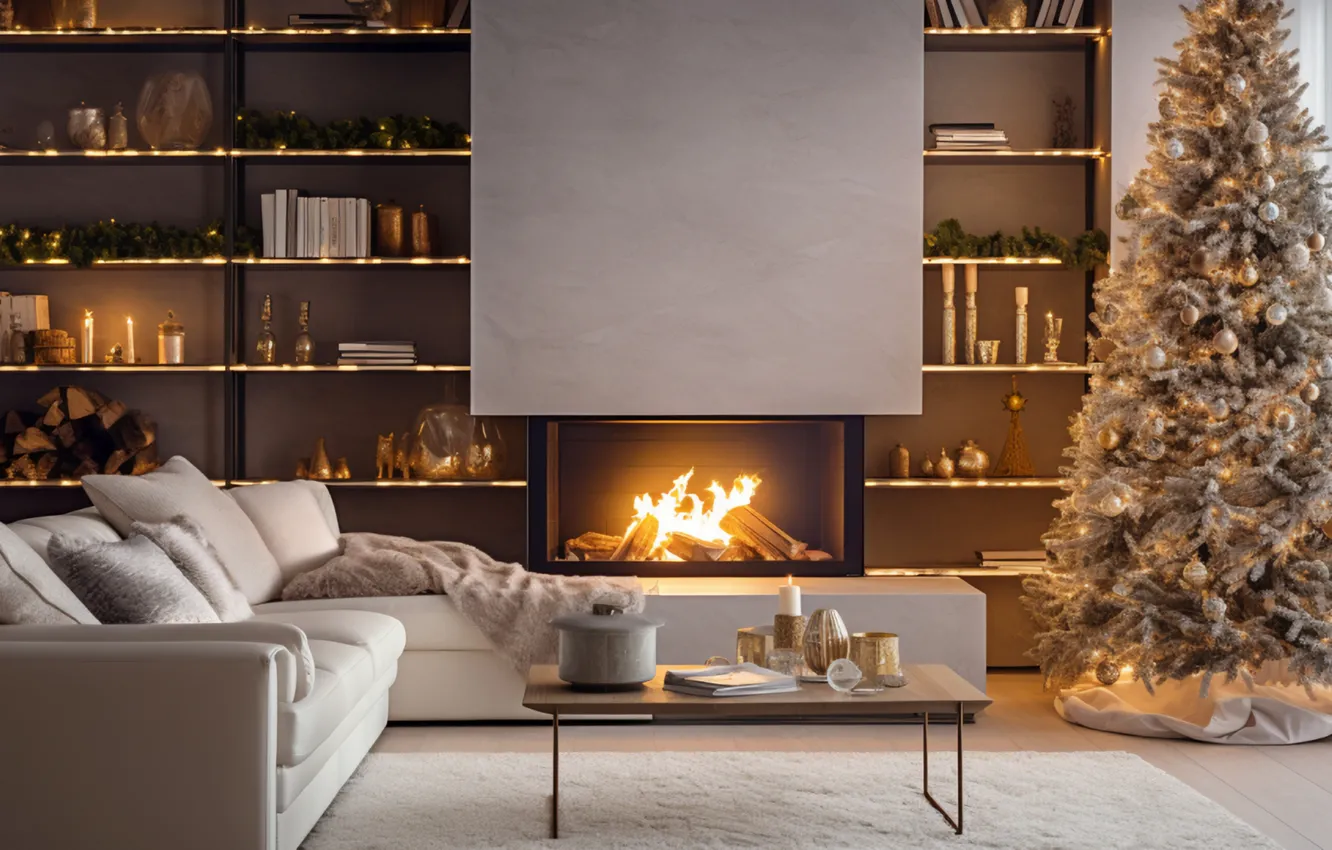 Photo wallpaper lights, comfort, heat, room, flame, furniture, new year, home