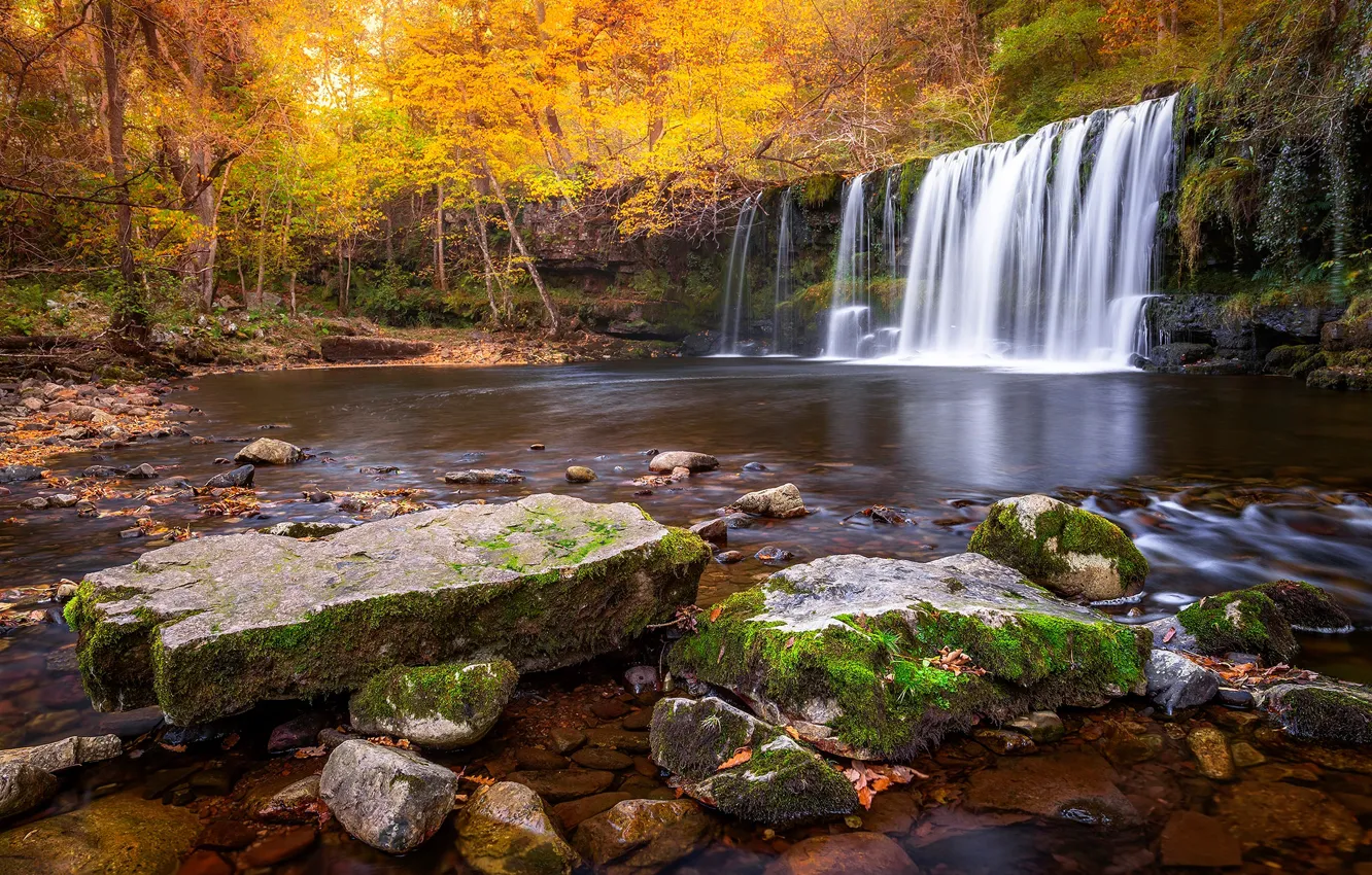 Photo wallpaper autumn, forest, leaves, yellow, stones, waterfall, boulders, blocks