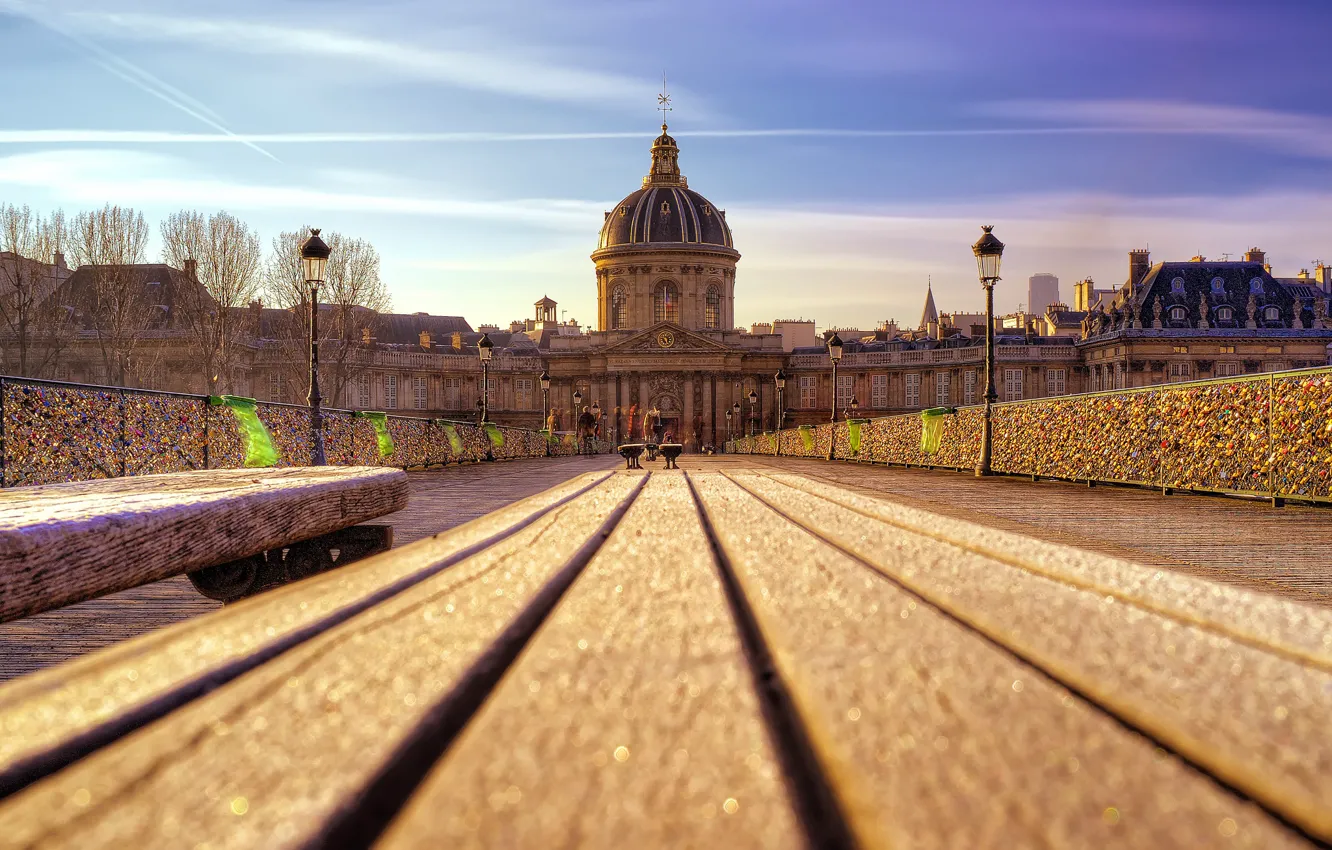 Photo wallpaper bench, France, Paris, lamp, The Pont Des Arts, The Institute Of France