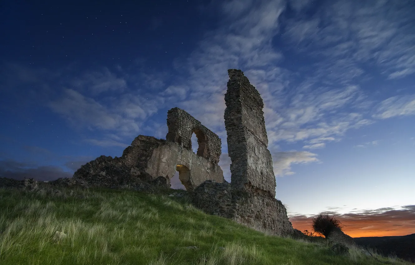Photo wallpaper grass, twilight, sky, clouds, stars, stones, ruins