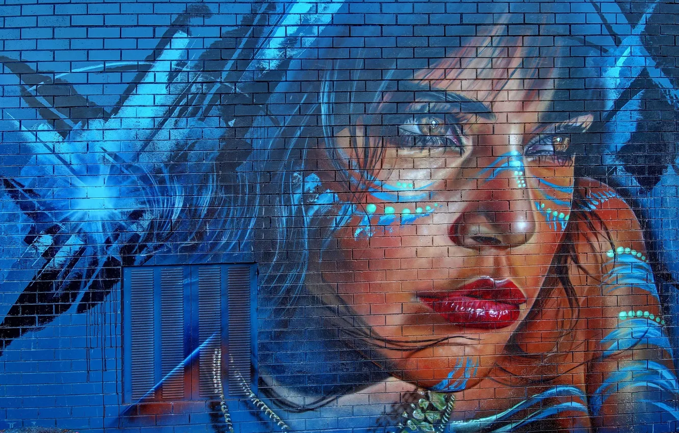Photo wallpaper girl, face, wall, graffiti, bricks