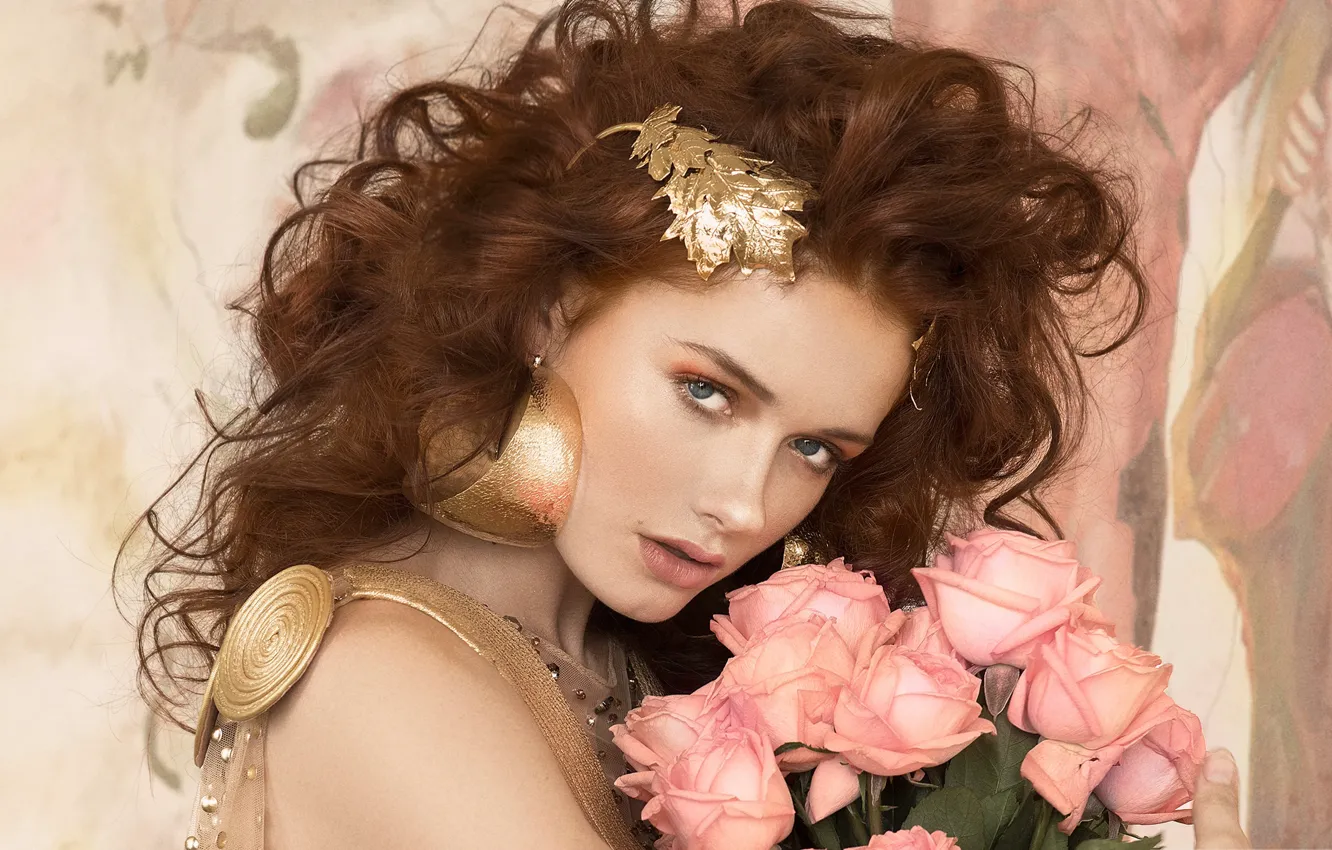Photo wallpaper look, flowers, face, style, model, roses, bouquet