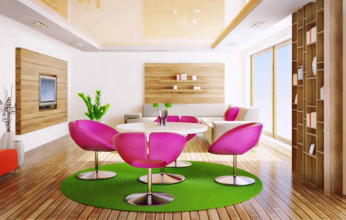 Photo wallpaper table, sofa, chairs, window, living room