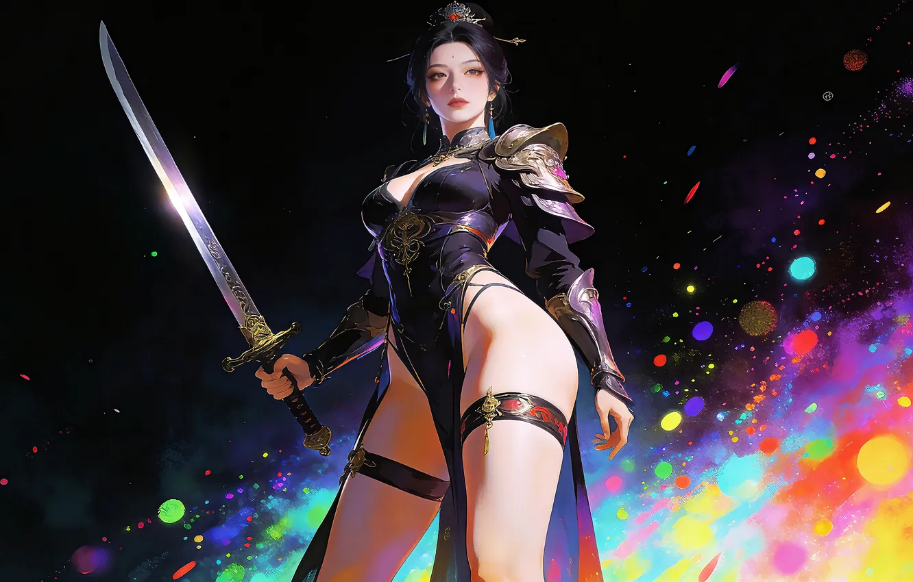 Photo wallpaper girl, sword, weapon, brunette, asian, ai art
