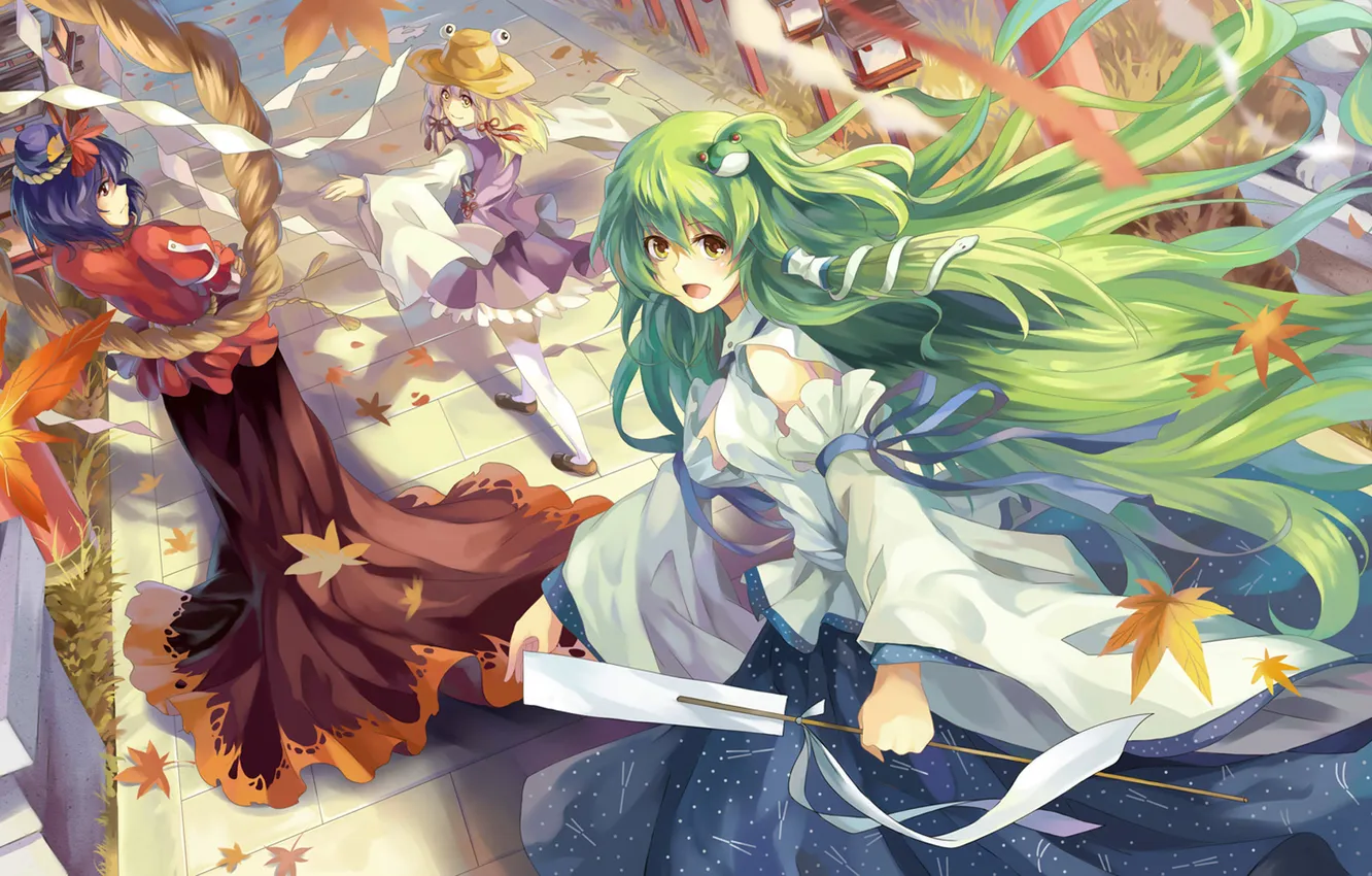 Photo wallpaper road, autumn, leaves, girl, the wind, hat, art, track