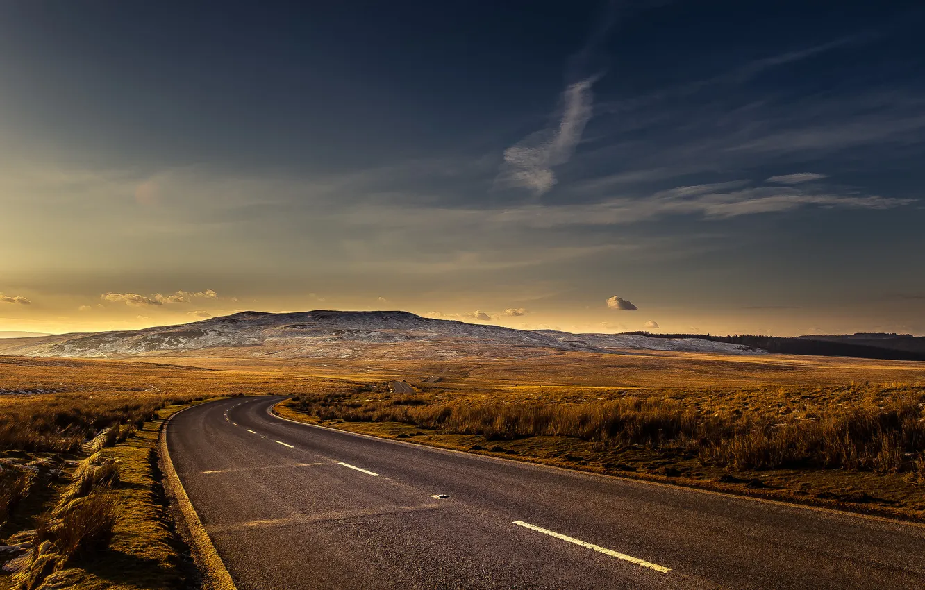 Photo wallpaper road, the sky, mountains, sunrise