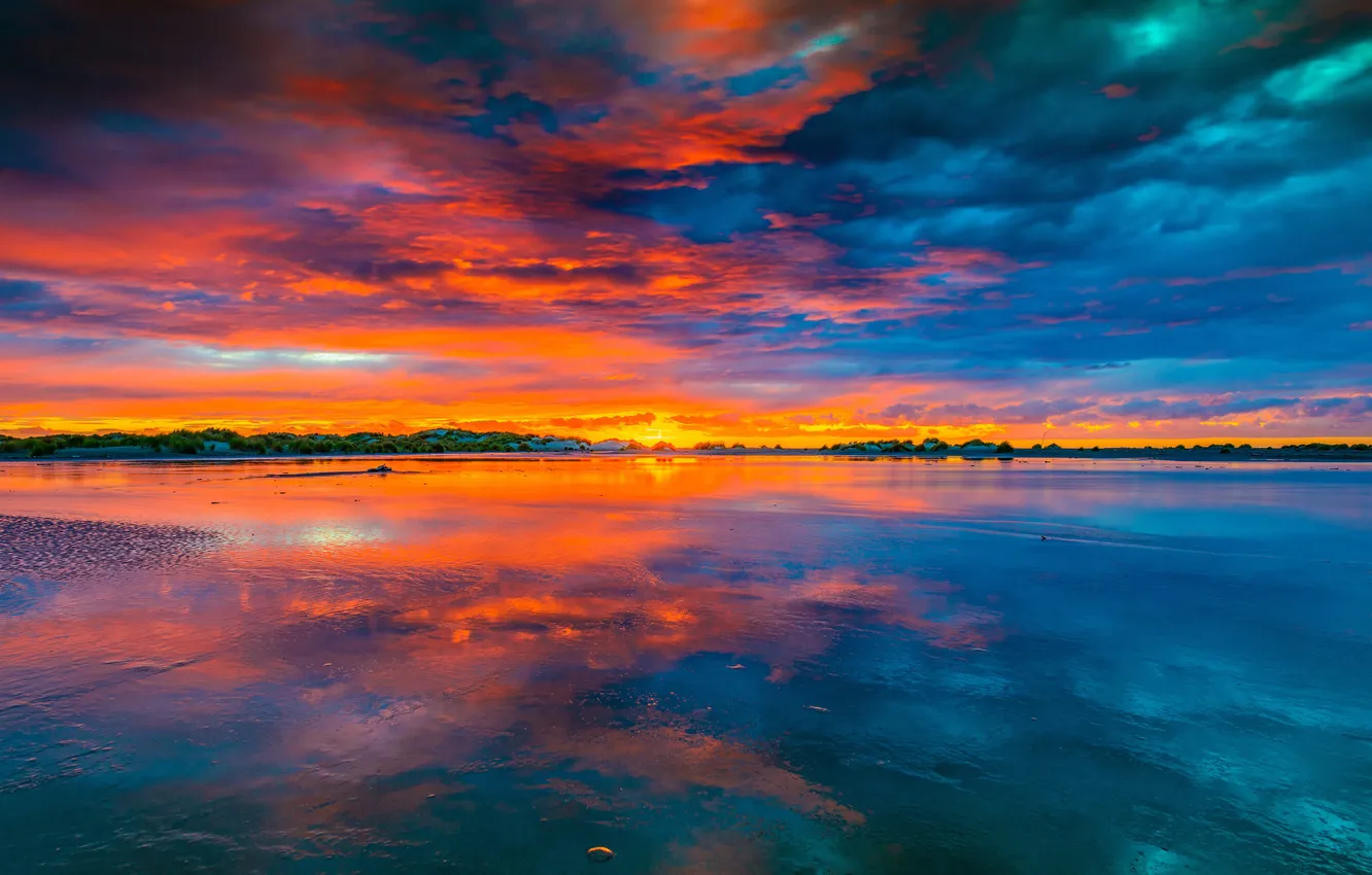 Photo wallpaper the sky, clouds, lake, reflection, the evening, glow
