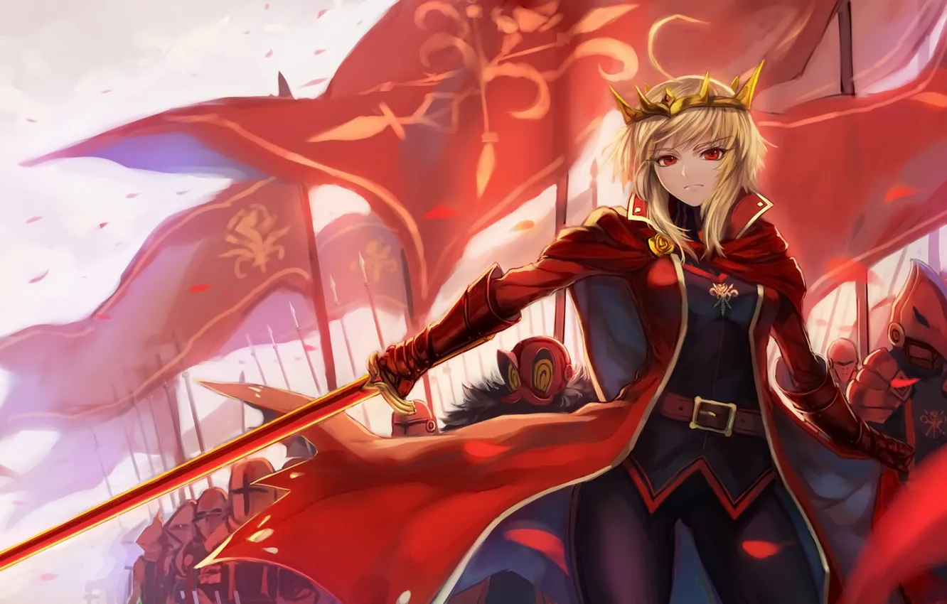 Photo wallpaper girl, weapons, the wind, sword, army, flag, pixiv fantasia