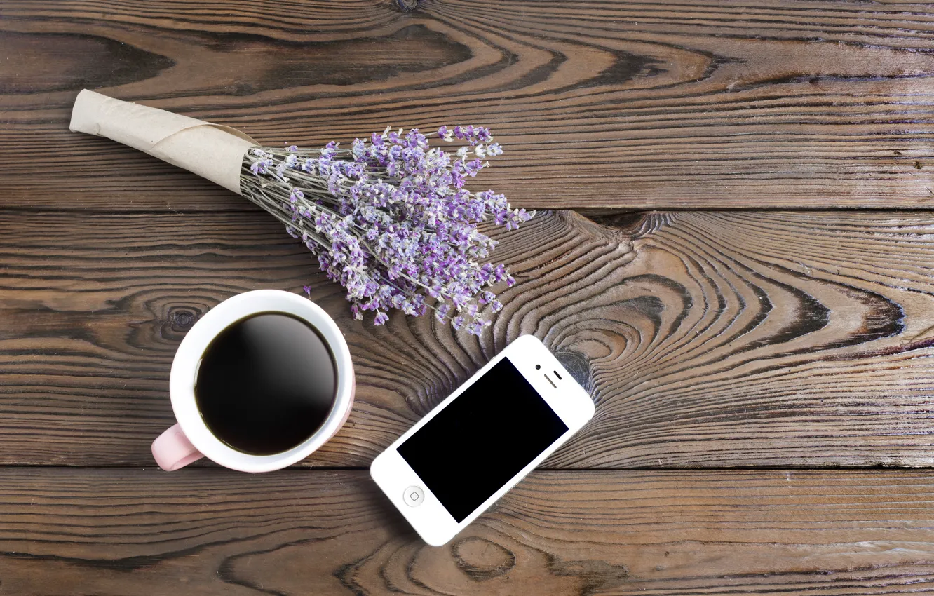 Photo wallpaper coffee, bouquet, phone, lavender