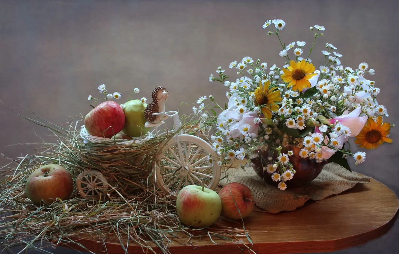 Photo wallpaper apples, chamomile, bouquet, hay, still life, hedgehog, figure, gelenium