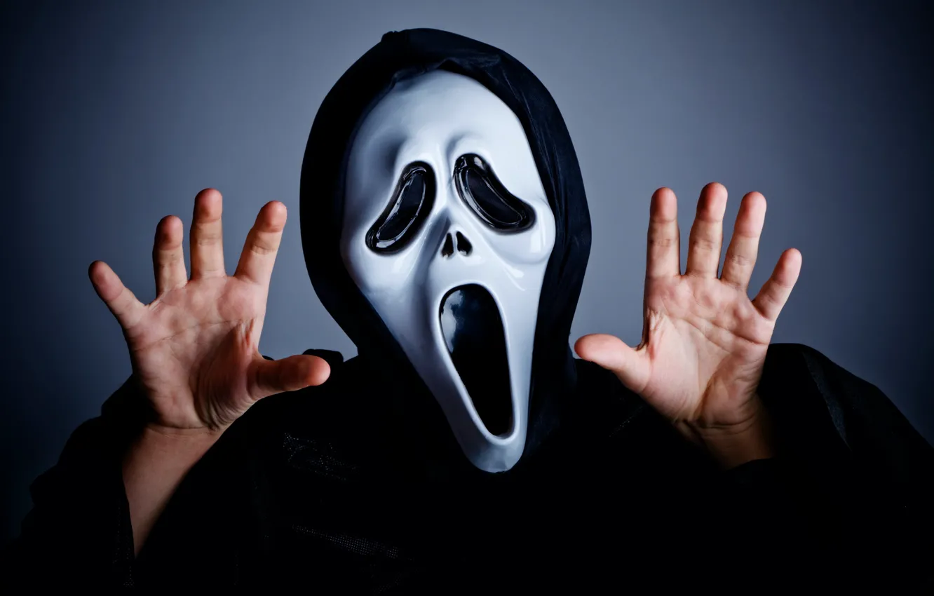 Photo wallpaper black and white, fear, hands, Scream, mask