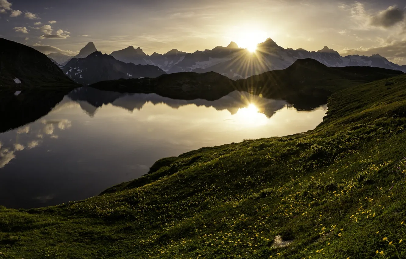 Photo wallpaper sunset, mountains, lake, Switzerland, Alps, panorama, Switzerland, Alps