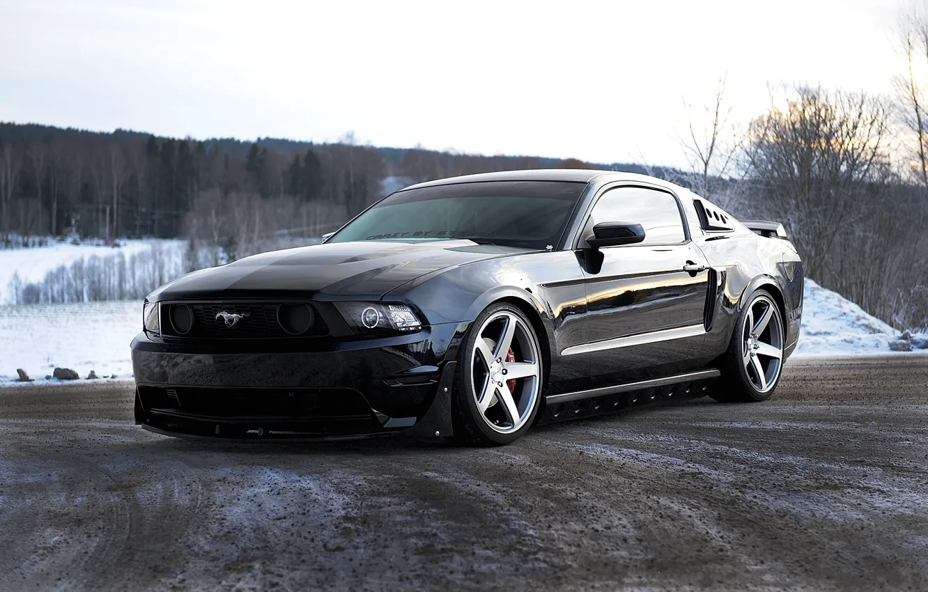 Photo wallpaper road, the sky, trees, black, mustang, Mustang, ford, black