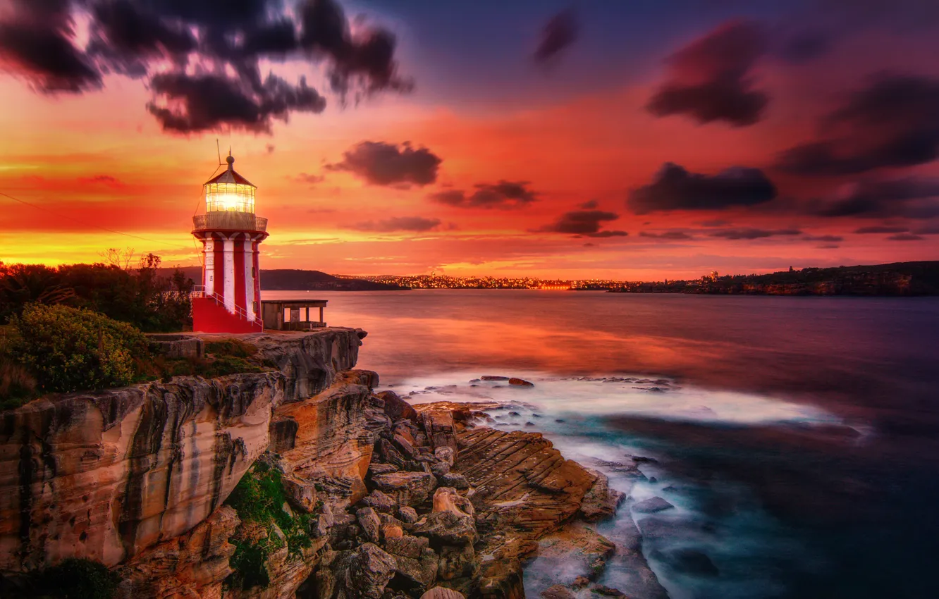 Photo wallpaper sea, sunset, rock, lighthouse, Australia, Australia, New South Wales, New South Wales