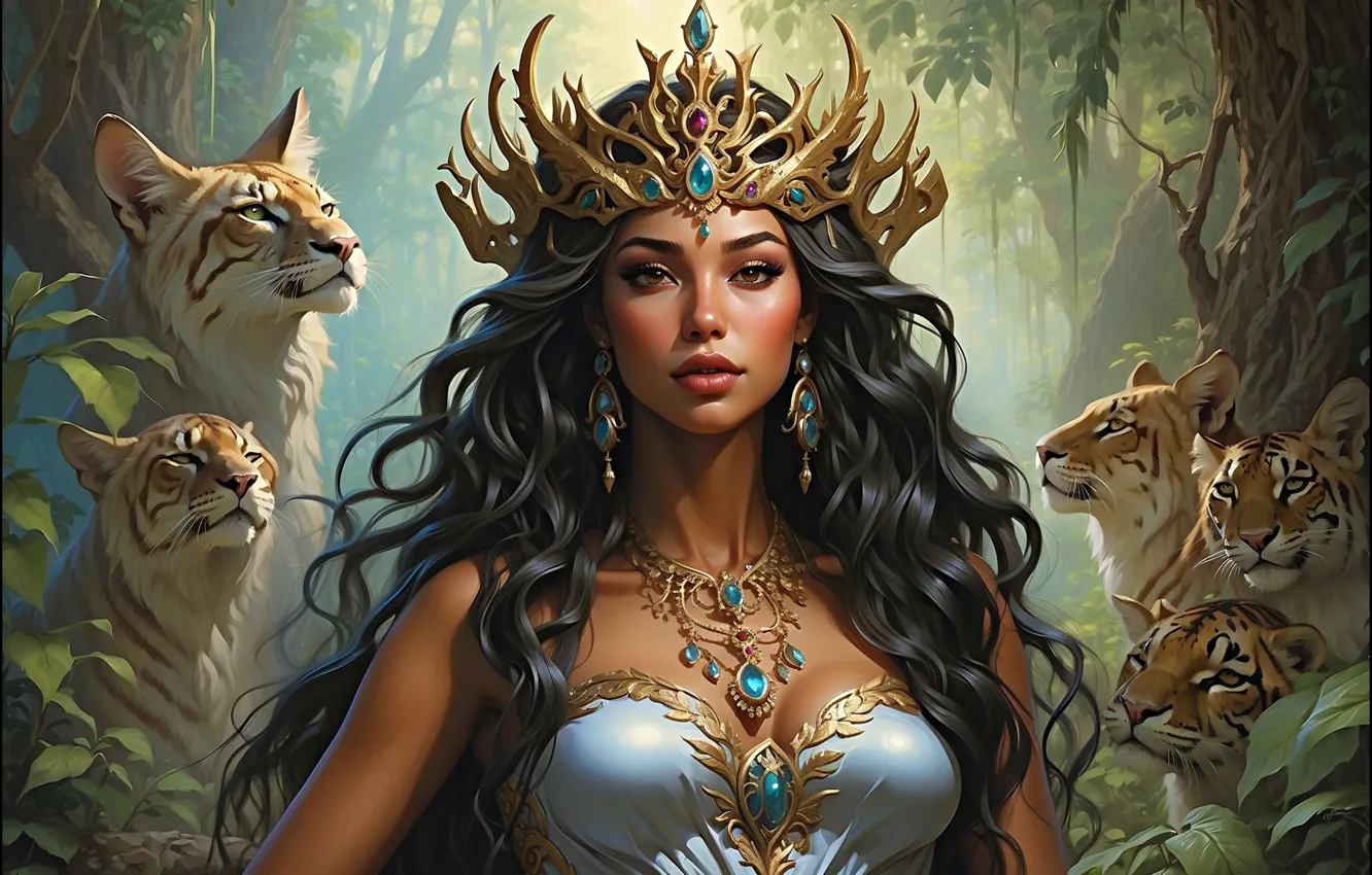 Photo wallpaper look, girl, tiger, pose, Princess, AI art, neural network
